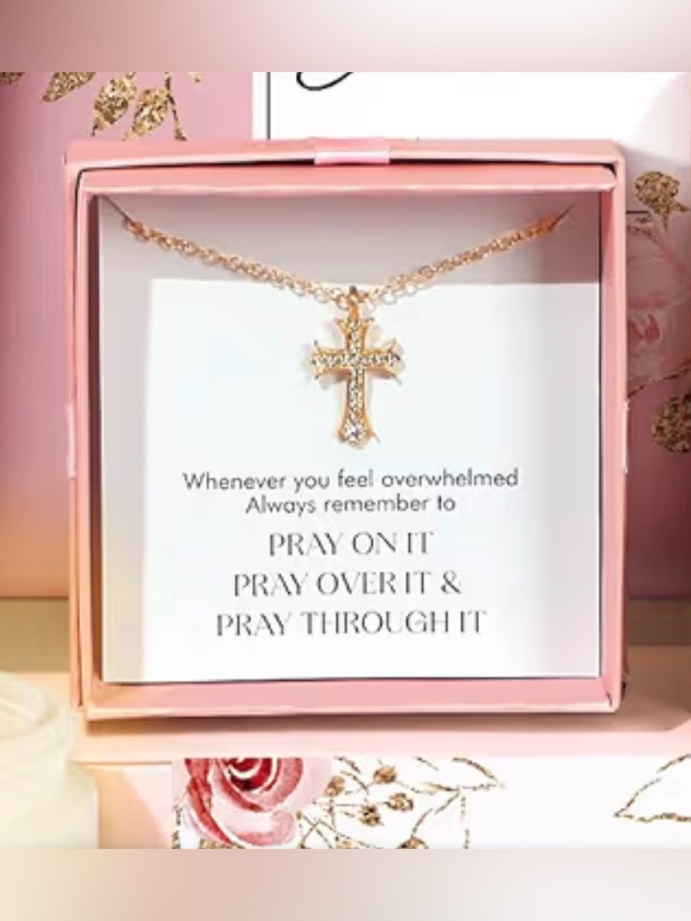 Rose Gold Christian Cross Necklace with Adjustable clasp with Pink Box